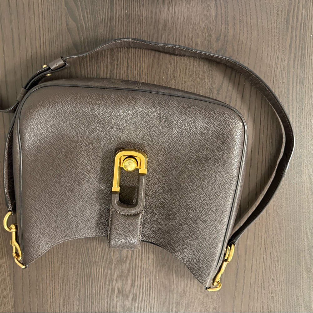 COPY - Gray Leather Crossbody Bag with Gold Accents